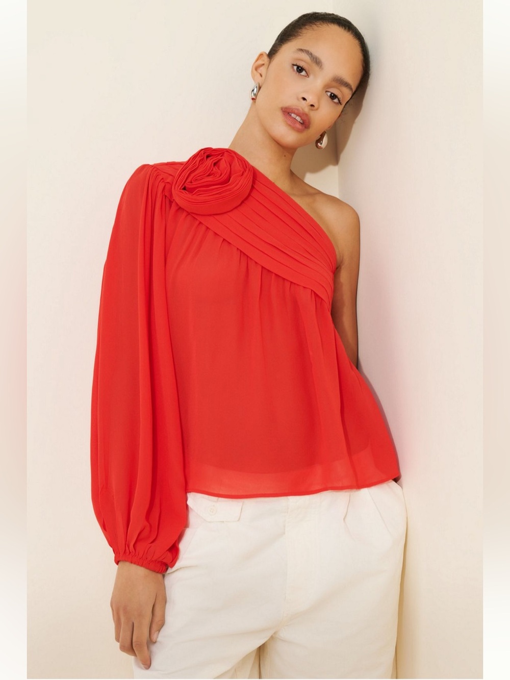 FARM Rio One-Shoulder Rose  Chiffon Blouse with Rosette
